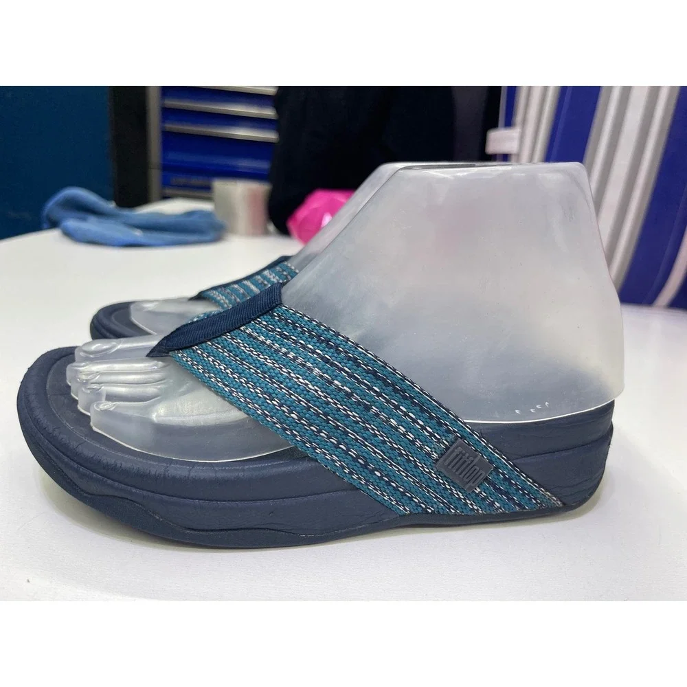 FitFlop Surfa Navy Teal Striped Webbing Sandals Womens 5 H84-641